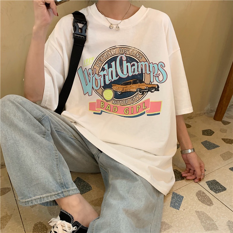 Áo Thun Nữ HappyFamily Nữ Tay Lỡ Form Rộng Tes Sắc Trắng WorldChamps Chất vải cotton 100 cao cấp