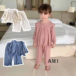 Đồ bộ quần áo dài tay cho bé gái chất len tăm TB81 - Đồ bộ tăm gân viền bèo cánh tiên cho bé TB459