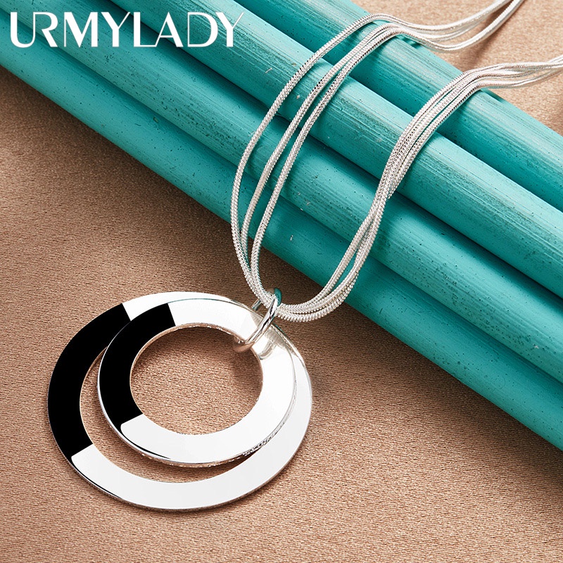 URMYLADY Bạc 925 Đôi Vòng Tròn Mặt Dây Chuyền 18 Inch Rắn Dây Chuyền Vòng Cổ Cho Nữ Cưới Thời Trang Dự Tiệc Trang Sức