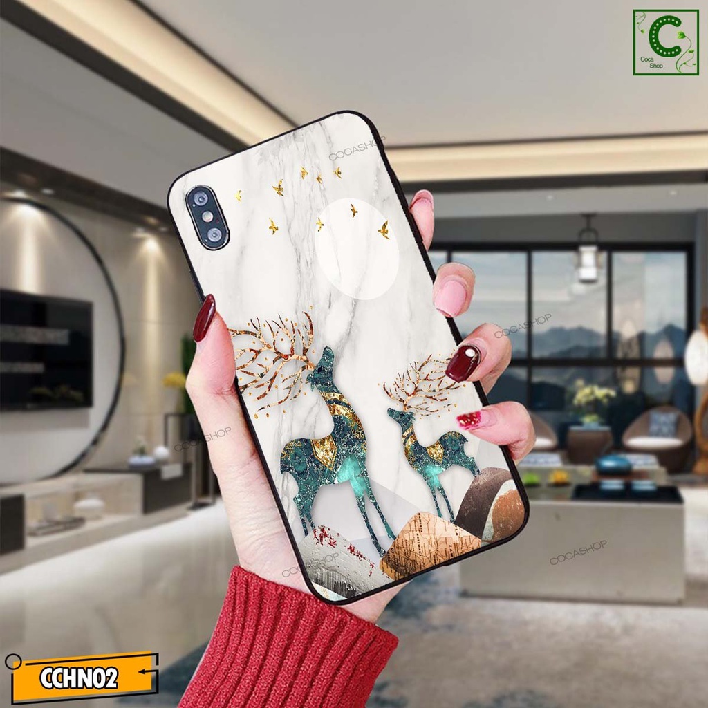 Ốp lưng iphone mặt kính cao cấp  - Đôi hươu màu sắc sang trọng quý phái - 6/6plus/6s/6splus/7/7plus/8/8plus/x/.....
