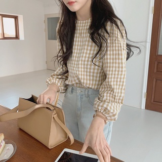 Áo Sơ Mi Nữ Dài Tay Cổ Tròn Sọc Caro Thời Trang Hàn Quốc