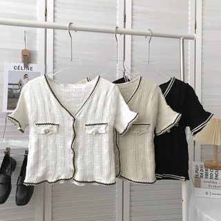 Áo len viền zic zac khuy ngọc, nắp túi, cadigan 240