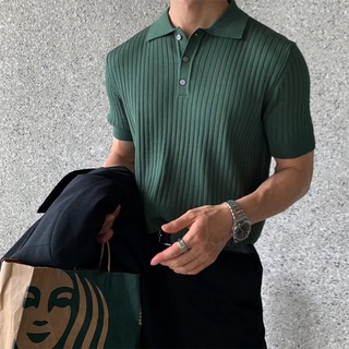Hàn Quốc Hàn Quốc Ice Silk Chất Lượng Cao Áo Sơ Mi POLO Mùa Hè Phiên Bản Hàn Quốc Slim-fit Nam Ice Silk Tay Ngắn Áo Sơ Mi Polo Ánh Sáng Anh Sang Trọng Nam Sọc Dệt Kim Ve Áo Thun