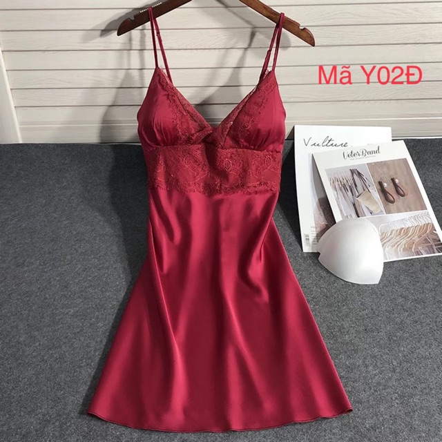 Váy ngủ lụa phối ren cao cấp 2 dây điều chỉnh , kèm mút ngực