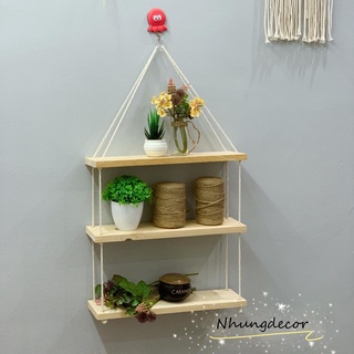 Kệ gỗ  thông tự nhiên treo tường có dây phong cách retro DIY dây trắng