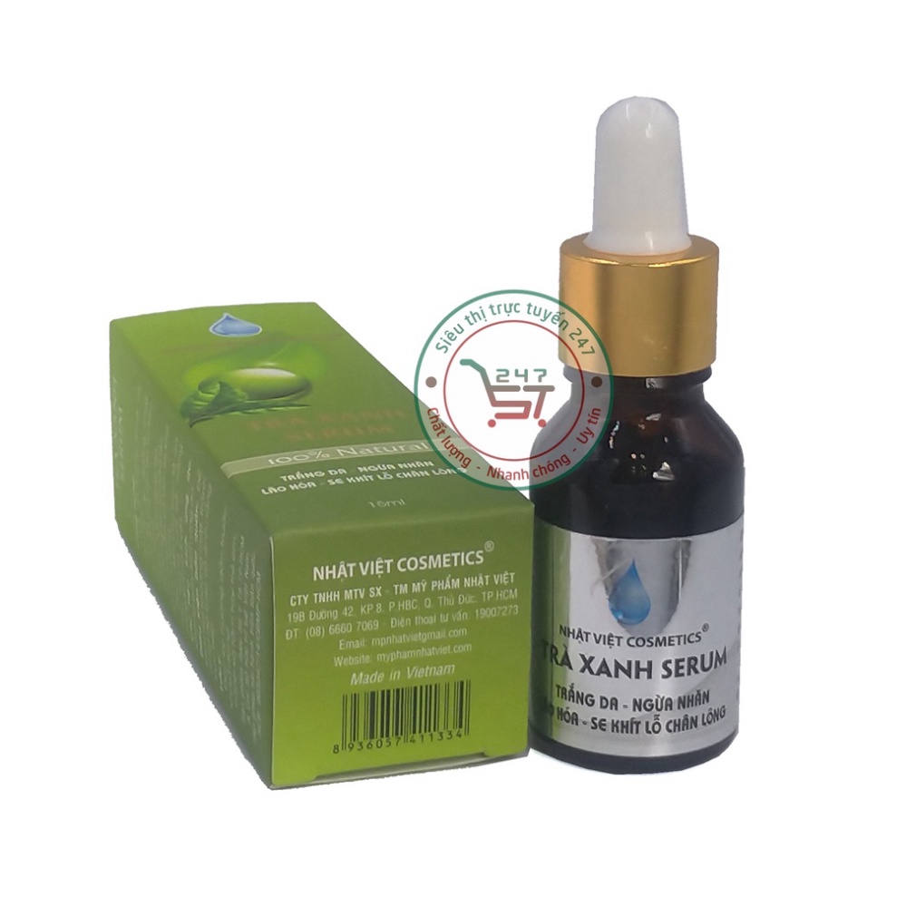 Serum dưỡng Trắng da mặt Ngừa nhăn Lão hóa Se khít lỗ chân lông Trà xanh serum Nhật Việt 15ml (Xanh nhạt)