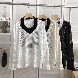 Áo len lưới mix cổ yếm giả set, len fom rộng over size cá tính 326