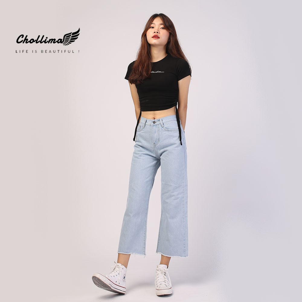 Ảnh Quần jeans baggy nữ Chollima ống rộng trơn tua lai QD014 phong cách hàn quốc 3