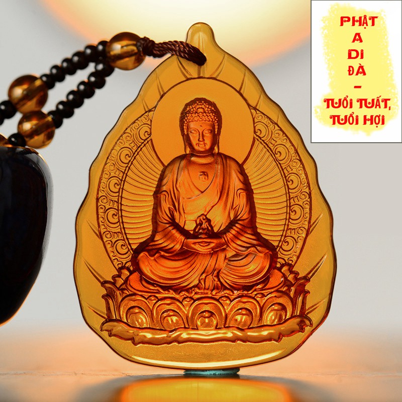 Chuỗi hạt đeo cổ mặt phật A Di Đà tựa lá đề- Phật bản mệnh người tuổi Tuất, Hợi