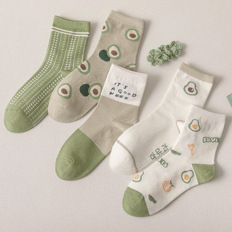 Tất vớ trắng nữ cổ cao thời trang HANASO bộ sưu tập trái bơ dễ thương chất cotton co giãn thoáng khí hợp mùa hè TD043