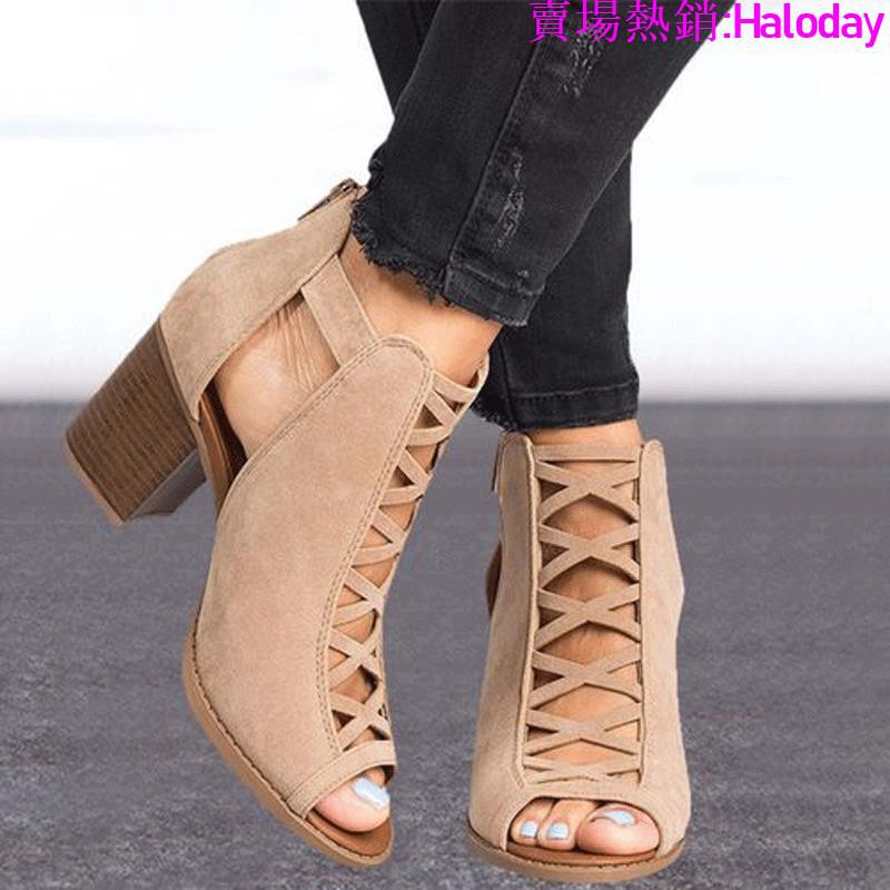 Size Lớn 35-43✨2021 Chunky Gót Cao Gót La Mã Miệng Cá Rỗng Kích Thước Lớn 35-43 Khóa Dây Đeo Dép Thoải Mái Chuyên Nghiệp OL Giày Nữ Công Sở Thời Trang Hợp Thời Trang