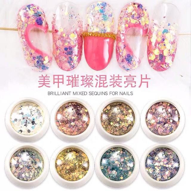 Set nhũ kim tuyến 8 màu trang trí móng đắp ẩn gel 6D