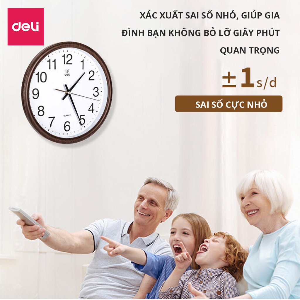 Đồng Hồ Treo Tường Vân Gỗ Cao Cấp Deli Kèm móc treo, Kim trôi Không Ồn 8842