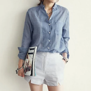Áo sơ mi nữ tay dài mỏng bằng vải cotton lanh