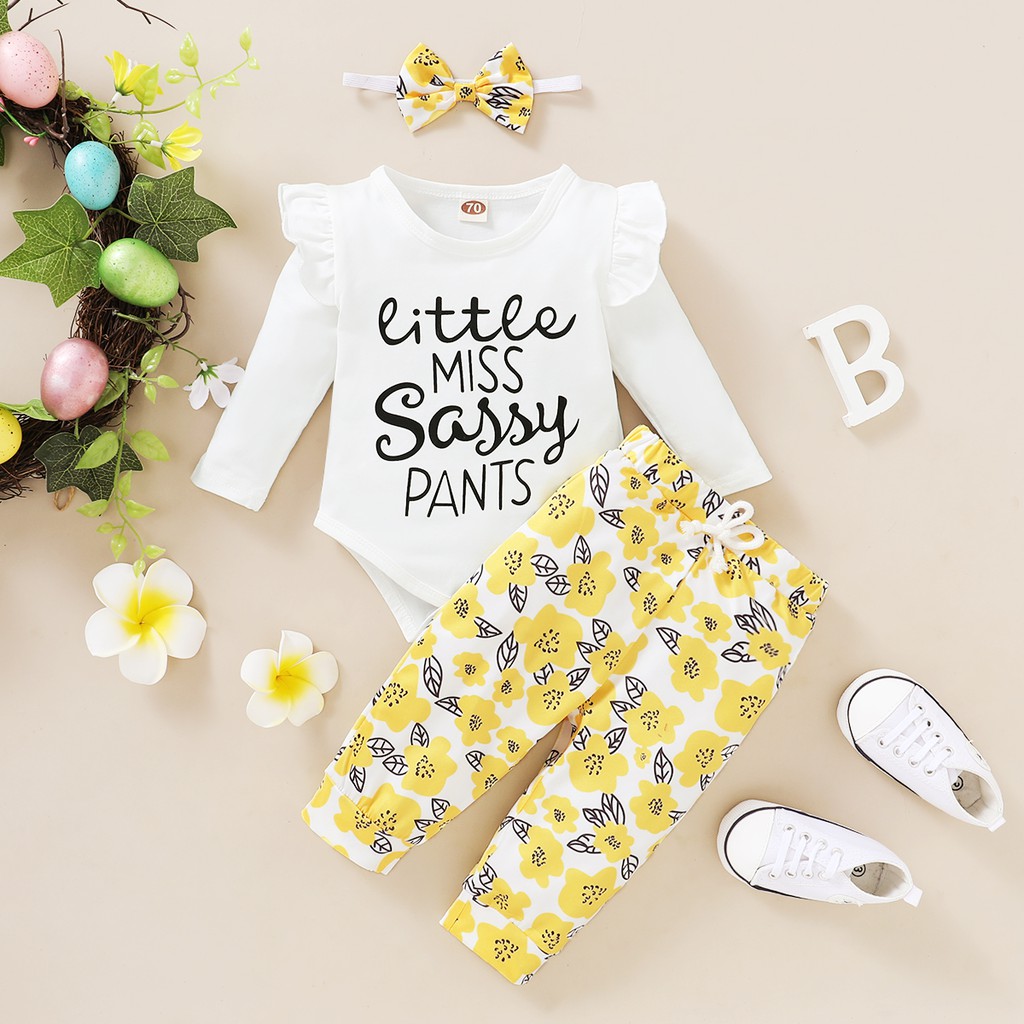 Bộ trang phục 3 món MIKRDOO áo liền thân cotton tay dài in chữ cái quần in hoa và băng đô mùa thu cho bé gái sơ sinh