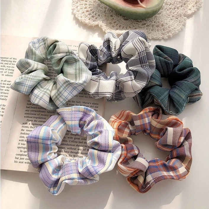 Cột Tóc Vải Scrunchies Họa Tiết Caro Vintage, Dây Buộc Tóc Scrunchies Cứng
