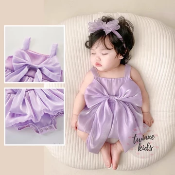 Bộ đồ bé gái Twinne Kids, váy công chúa đầy tháng, thôi nôi có nơ tím nhạt dành cho bé gái 3-24 tháng