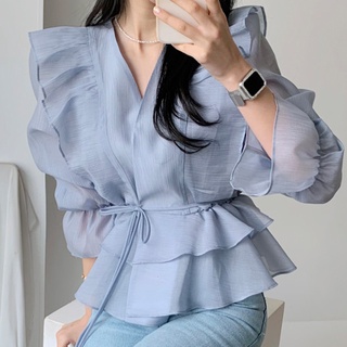 Áo Nữ Tay Dài Cổ Chữ v Phong Cách Hàn Quốc