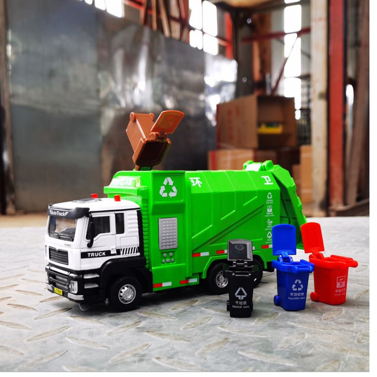 Xe chở rác 1:50 bằng hợp kim nhựa có âm thanh và đèn kèm 4 thùng rác ...