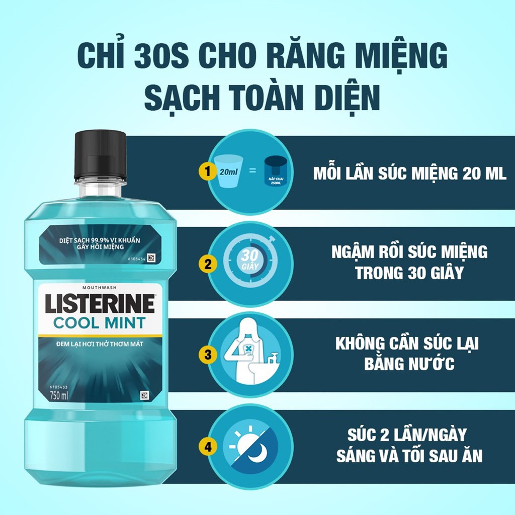 Ảnh Bộ 2 Chai Nước Súc Miệng Listerine Diệt Khuẩn, Giữ Hơi Thở Thơm Mát Listerine Coolmint Mouthwash 750ml/Chai 3