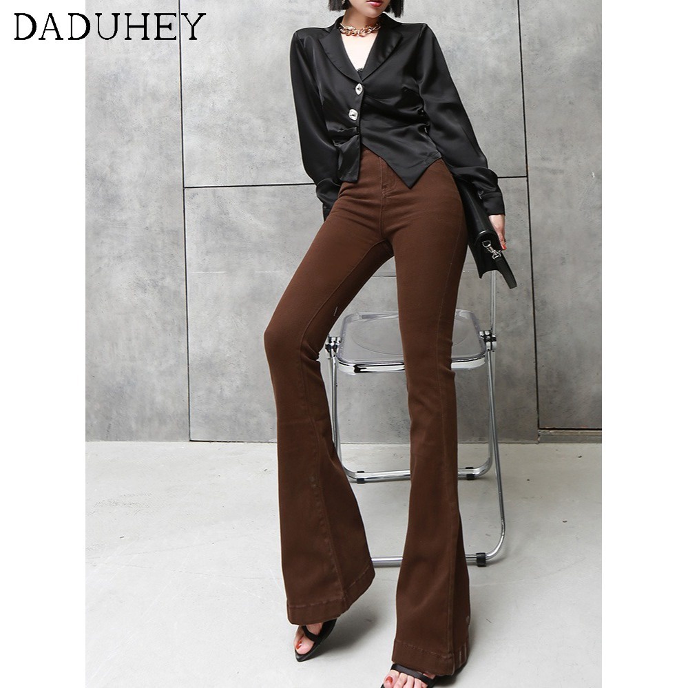 Ảnh Quần jean DADUHEY ống loe gấu ngắn lưng cao dáng ôm co giãn màu nâu phong cách retro cho nữ 3