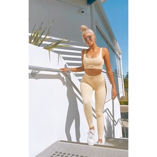 Bộ đồ tập gym nữ Botee Ribbed chất thun dệt gân áo dây bản lớn và quần dài