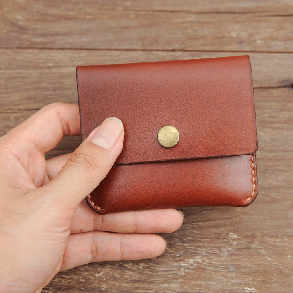 Ví da đựng thẻ mini có cúc bấm - Da bò nhập khẩu - Đồ da Handmade