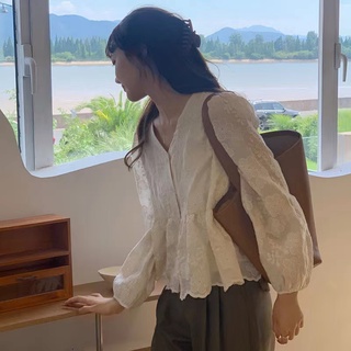Phong Cách Hàn Quốc Nữ Nữ Rời Ren Plus Kích Thước Cổ Chữ V Đèn Lồng Áo Sơ Mi Tay Dài Áo Baju Baju Wanita Lengan Panjang Hàng Mới Sẵn Có