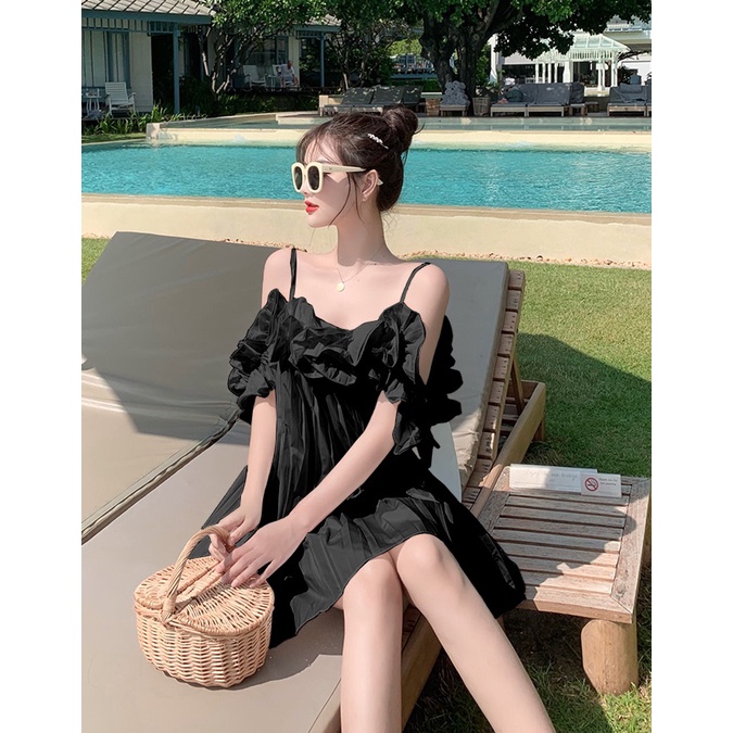 SUV005 Váy 2 dây viền bèo dáng xòe xếp ly Đầm nữ trắn đen 2s đi chơi tiệc sexy babydoll cute tiểu thư bánh bèo công chúa