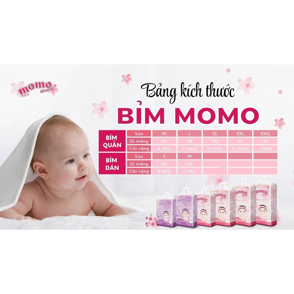 Bỉm momo diamond dán quần S64/ M60/L54/XL50/XXL48/XXXL46 tinh chất hoa anh đào.