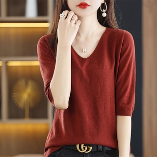 Mùa Xuân Mùa Hè Cổ Chữ V Chui Đầu Giữa Tay Đáy Áo Sơ Mi Nữ Phong Cách Hàn Quốc Thời Trang Rời Dệt Kim Áo Len Áo Thun Nữ Top Mỏng Phong Cách