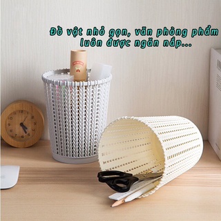Sọt đựng rác văn phòng đa năng, thùng rác nhựa họa tiết đan mây đựng đồ Việt Nhật