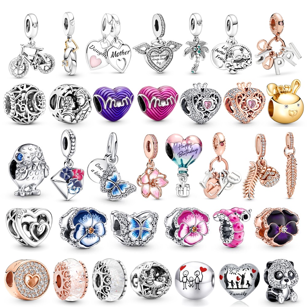 DINGLLY NEW Butterfly Flower MOM Love Undulate Beads Silver Color Pendant Heart Family Charm Fit Diy Handmade Accessory