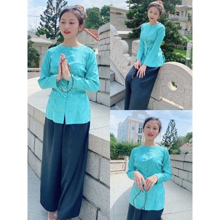 set bà ba gấm quần trắng, đồ bộ bà ba, thời trang nữ truyền thống lễ chùa