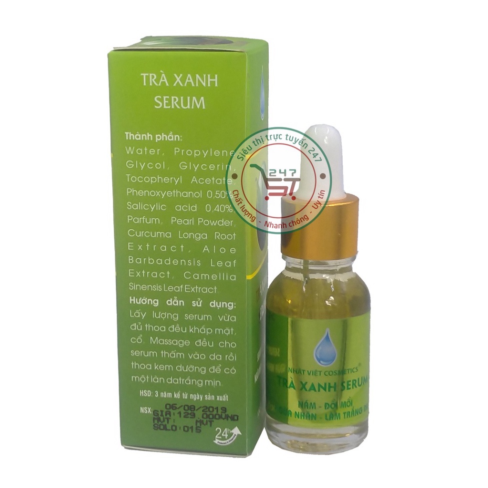 Serum Nám Tàn nhang Đồi mồi Ngừa nhăn Làm trắng da Trà Xanh serum Nhật Việt 20ml (Xanh lá-Vàng)