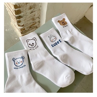 Tất Cute Cổ Cao Nam Nữ Trơn Trắng Đen Nhiều Màu Thể Thao Hình Gấu Thỏ T02