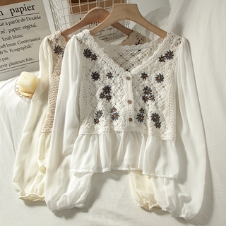 Áo Dệt Kim Nữ Tay Dài Phối Ren Phong Cách Hàn Quốc baju baju wanita Lenan panjang