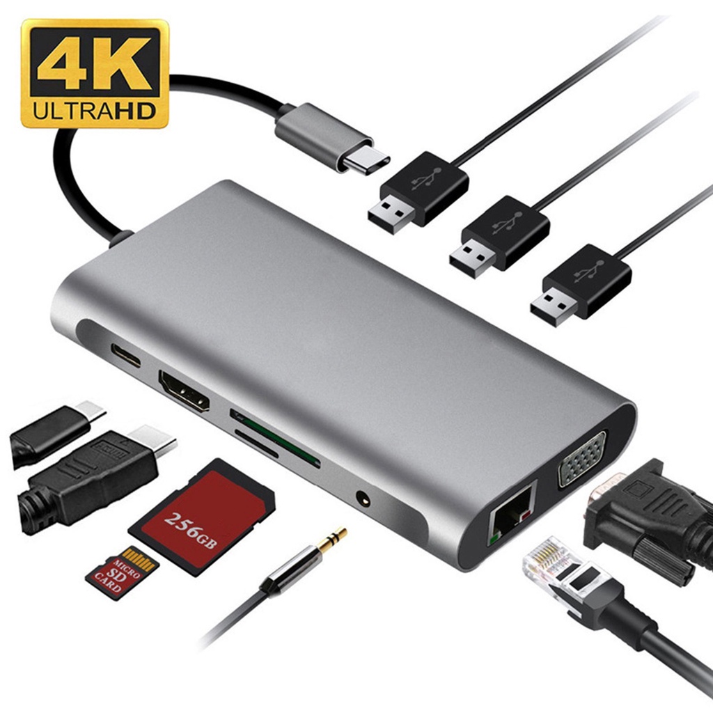 Hub Usb Trạm Nối Loại C Adapter Usb 3.0 4K Hdmi Vga RJ45 10 Trong 1 Bộ Chuyển Đổi Cho laptop táo Pro