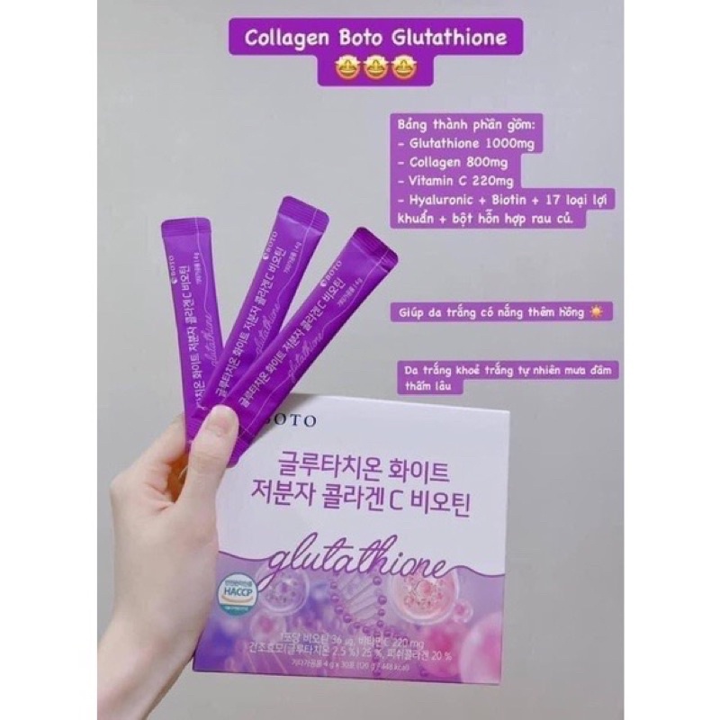 bột uống trắng da glutathione 1300mg BOTO WHITE SMALL MOLECULE COLLAGEN C BIOTIN, Boto glutathione trắng da hộp 30 gói Plasma membrane glutathione transporters mg:10mg High Fiber