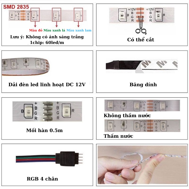 Đèn Led Trang Trí Phòng Ngủ RGB Dài 5m - Kèm Remote, Adapter 12V, Sạc - IP67 Chống Nước