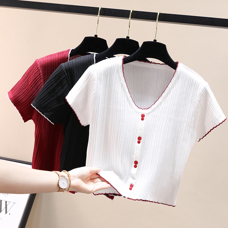 SUXI Áo Crop top thời trang cổ chữ V Áo sơ mi nữ dệt kim
