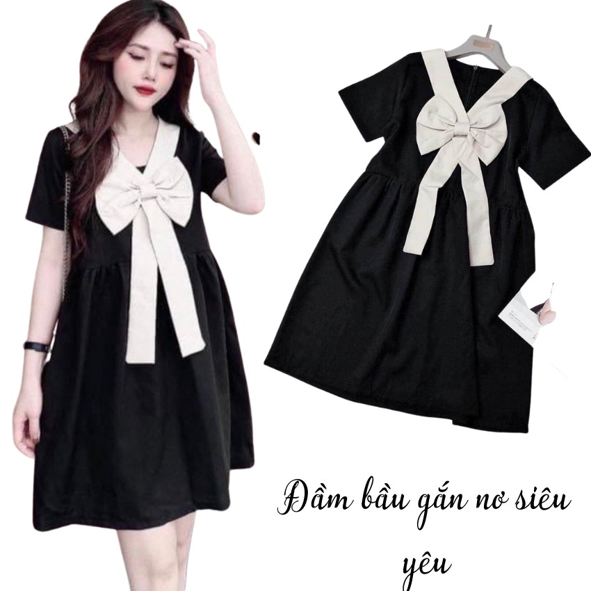(XẢ LỖ )Váy bầu-đầm bầu gắn nơ cách điệu Q0005