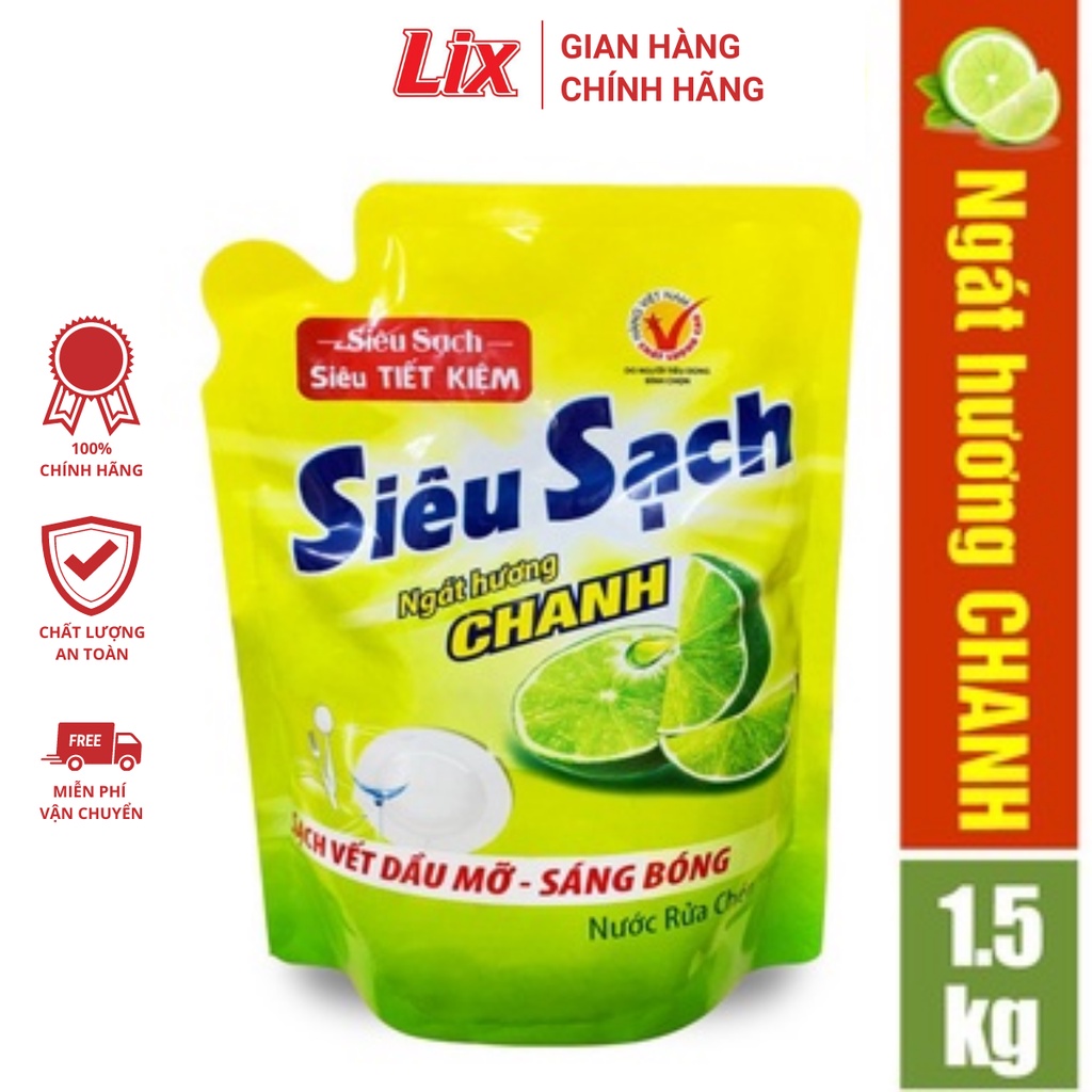 Nước rửa chén LIX 1.5KG siêu sạch hương chanh loại túi N4302 làm sạch vết bẩn dầu mỡ không hại da tay