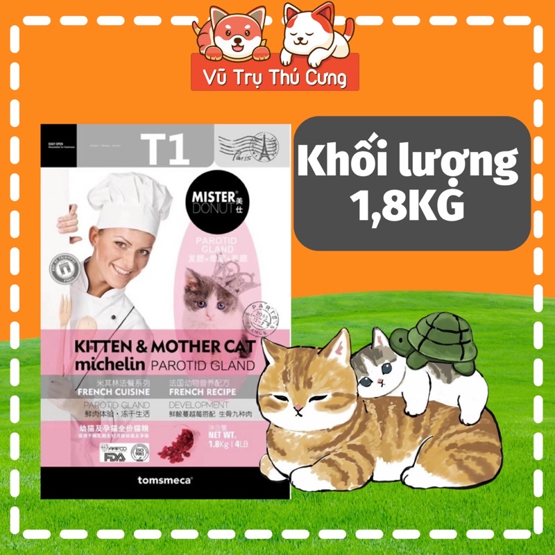 Hạt Mister Donut T1 dành cho Mèo con, mèo mẹ mang thai, gói 1,8Kg