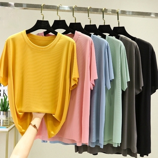 Áo lụa băng nữ Áo thun ngắn tay trơn giản dị dáng rộng thoáng mát co giãn lớn cổ tròn Áo thun