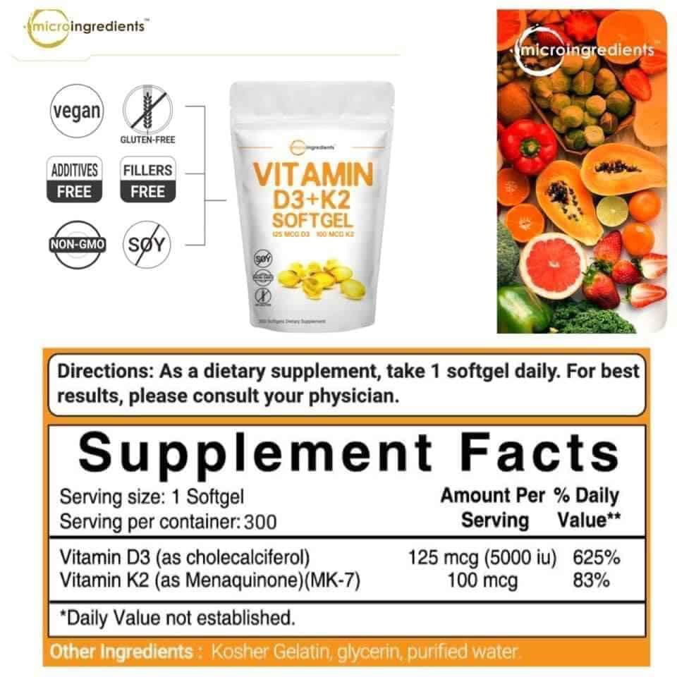 VIÊN UỐNG MICRO INGREDIENTS VITAMIN D3 + K2 MK7, TĂNG CƯỜNG SỨC KHỎE