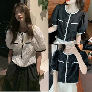 Áo xốp hoa gấm đen trắng tay phồng cổ tàu A041 sơ mi công sở freesize tiểu thư