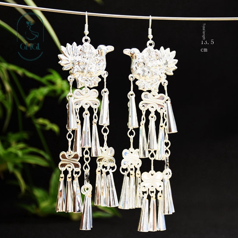 GHGl Đa Dạng Retro Miaodong Hoa Bạc Bông Tai Tua Rua Lụa Phong Cách Dài Sang Trọng Phù Hợp Với Mọi Trận Đấu Có Thể Thay Đổi Mà Không Cần Xuyên Tai Kẹp
