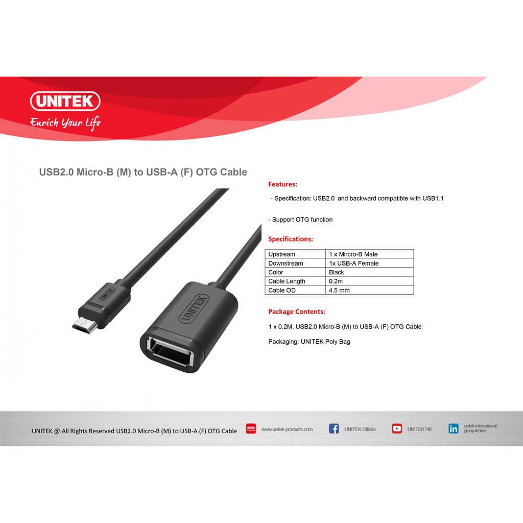 Cáp OTG USB 2.0- cap micro USB sang USB đầu âm Unitek YC438 | Shopee ...