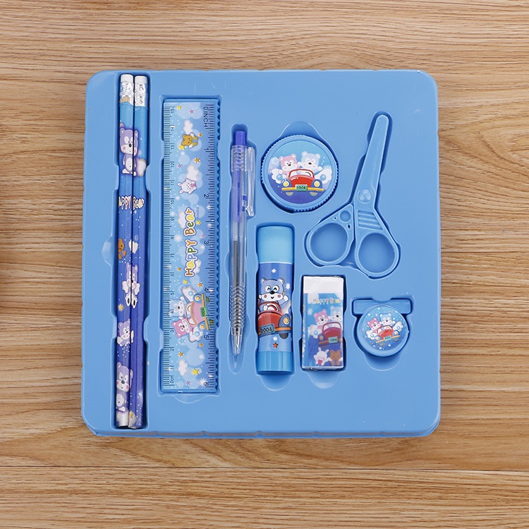 Bộ 9 dụng cụ học tập bút chì, kéo, bút bi, thước
